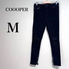 【クーパー】ブラック　スキニーデニム　ダメージ加工　裾ファスナー　ストレッチ　M