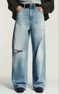 ZARA ダメージ加工ミッドライズバギーデニムパンツ　サイズ34 新品
