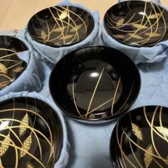 平安 象彦 黒漆塗り 稲穂 金蒔絵 5客セット蓋付き吸物椀 汁椀 木製漆塗のサムネイル