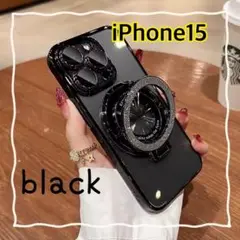 iPhone15 黒 スマホケース メタリック グリッター スマホリング