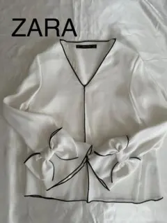 ZARA ホワイト Vネック リボン付きシャツ