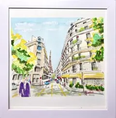 手描き　水彩画　パリの街並みからのぞくエッフェル塔
