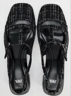 ZARA ブロックヒールミュール ブラック　ツイード　36 新品