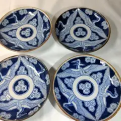 古伊万里　印判　小皿　ベロ藍　鶴　4枚セット