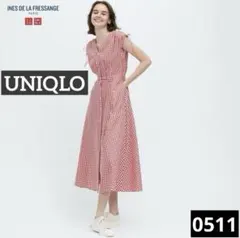 0511 UNIQLO コットンフレアVネックワンピース レッド