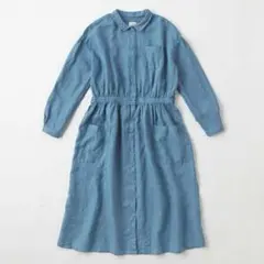 IDÉE POOL 無印良品 リネン 100% シャツワンピース 麻 青 長袖