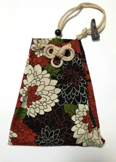 お祭り　腰下げ巾着　黒橙　華