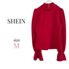 SHEIN【M】ハイネックブラウス 赤 カットソー 袖フレア シンプル 可愛い