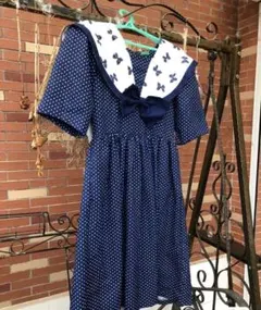 希少 昭和レトロ セーラーカラーワンピース 水玉 リボン柄 ヴィンテージ 古着