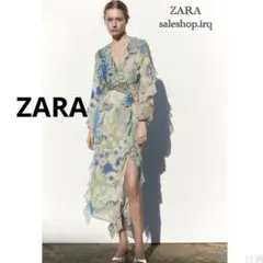 【新品】ZARAフリル付き フリル付きプリント柄ワンピース