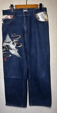 マ*ン様 絡繰魂 36インチ 刺繍 鯉 朱雀 鳳凰 和柄 デニム ジーンズ
