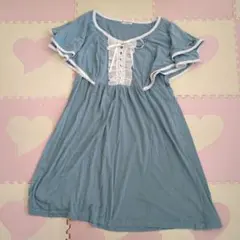 axes femme くすみカラー水色 フリル袖 ミニワンピース