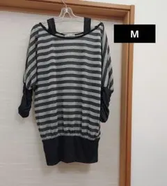 キ*ン様 ボーダー チュニック ラメ入りミニワンピース　M　ブラック×シルバー