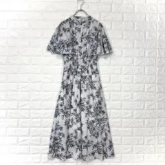 パレモストア【M】白×青 ボタニカル ロングワンピース フレア袖 薄手 裏地あり