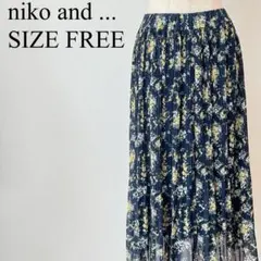 niko and ... ニコアンド　花柄　プリーツスカート フリー ネイビー