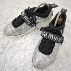 miumiu グリッター スニーカー ベルクロ 厚底 ロゴ キラキラ ラメ 24
