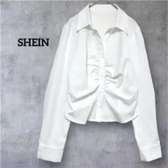 シーイン SHEIN ギャザー開襟シャツ ブラウス ホワイト Sサイズ 長袖 白