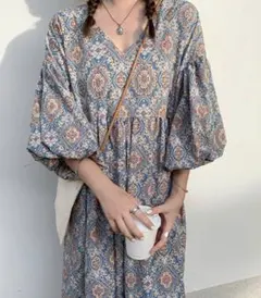 バルーンスリーブオリエンタル柄ロング丈ワンピース ペイズリー 半袖 春服