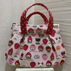 ☆ハンドメイド☆持ち手付きフラットポーチ　コットンこばやし　いちごねこ
