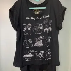 LALACUB 半袖Tシャツ 猫柄 ラインストーン 黒 クルーネック ドルマンのサムネイル
