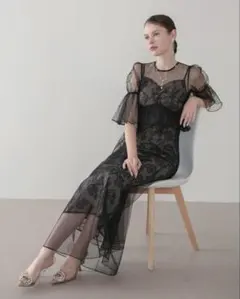 【LEJA】フラワースパンコールチュールシアーワンピースキャミワンピースドレス