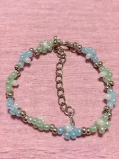 ハンドメイド　ブルー グリーン 花 ブレスレット
