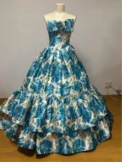 高級ステージドレス ロングドレス青白花柄 パフスリーブ サイズ調節