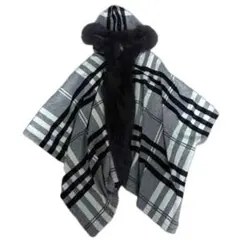 【美品】Eternallous チェック ウールポンチョ フォックス フード付