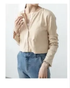 リブチビカーディガン　ベージュ　長袖　ショート丈