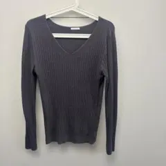 ダークグレー リブ編み Vネック 長袖セーター L ＧＵ