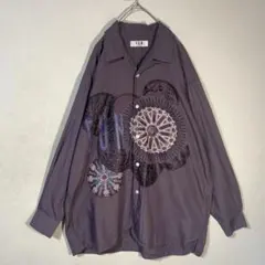 【長袖シャツ】開襟　アート柄　レトロ　パープル 部分柄　使用感　古着