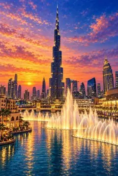 ドバイ　夜景　風景画　夕焼け　ブルジュハリファ　イラスト　噴水　ビル　C232