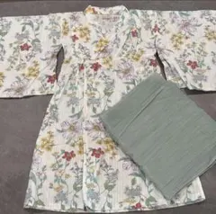 【美品】 プティマイン 花柄浴衣 100 グリーン帯付き 夏 祭り ワンピース