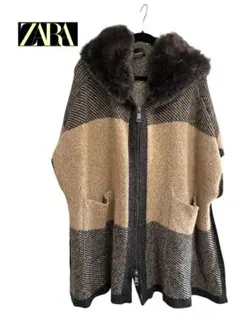 【美品】ZARA ザラ フード付き ファー ポンチョ 大人可愛い