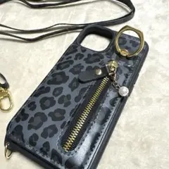 人気　iPhone14 ヒョウ柄　ショルダーストラップ ファスナーポケット付き