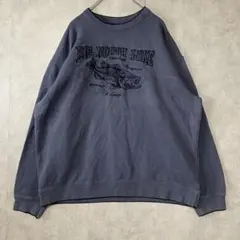 アニマルスウェット L 刺繍プリント ネイビー フェード Y2K 魚フィッシング