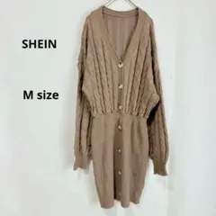 SHEIN ケーブル編みニットワンピース　M ブラウン　ミニ丈　長袖　Ｖネック