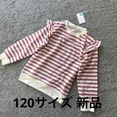 こども服 ELFIN DOLL 肩フリルボーダー長袖トレーナーピンク120 新品