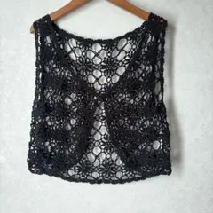ブラック クロシェ編み ベスト