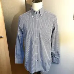 メンズ【美品 トミーヒルフィガー】XL紺 刺繍ロゴ ヒッコリーストライプ シャツ