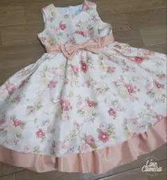 130cm相当(表記120)美品♪花柄リボンティアードドレス☆サーモンピンク