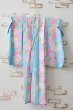 7歳着物　水色花柄着物セット　ポンチョ付き