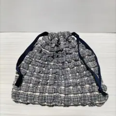 新品 巾着ポーチ　チェック柄 ネイビー×オフホワイト