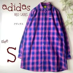 adidas❤︎アディダス❤︎オンブレチェックシャツ　ロングシャツ　ピンクのサムネイル