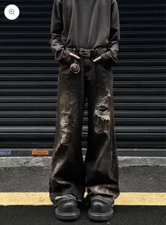 【ELUVA】Dirty Washed Damage Denim Pants