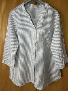 ストライプ 五分袖シャツ 胸ポケット付き