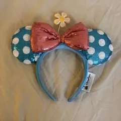 【美品！】海外購入 ミニーマウスカチューシャ 水色ドット　ピンクのリボン