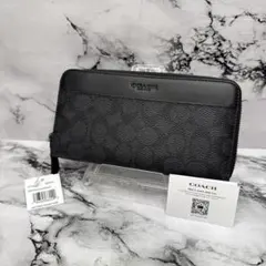 (未使用タグ)大人気、コーチ、長財布、ラウンドジップ、黒シグ、PVC、レザー、黒