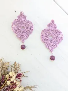 crochet かぎ編みのイヤリング ボタニカル ラベンダー 蝶バネクリップ