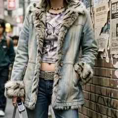 Y2K✨バーバリーブルーレーベル レオパード ファー デニム コート 38